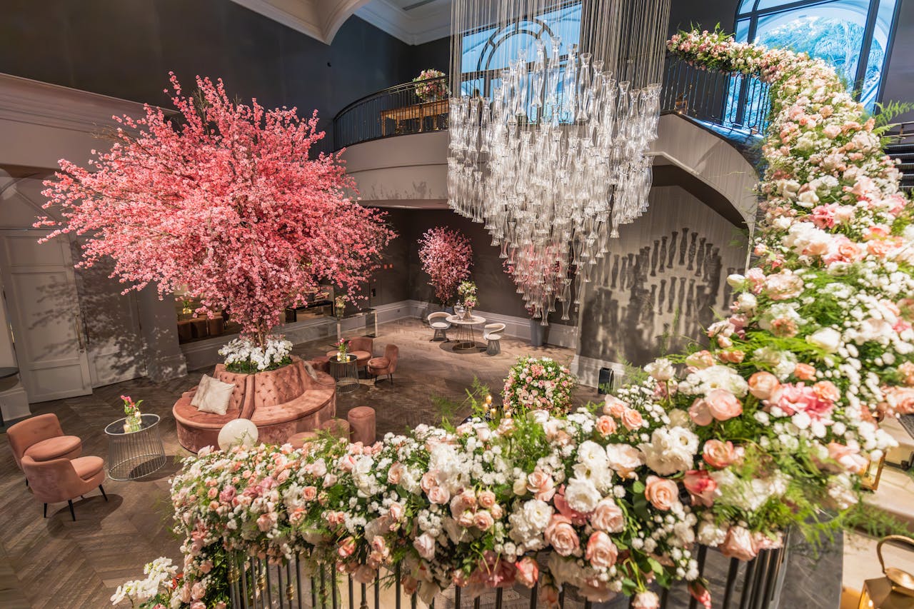 flower arrangement in a wedding venue flower arrangement in a wedding venue